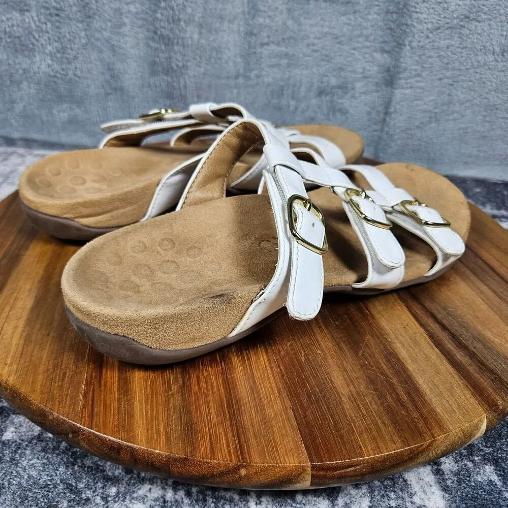 Vionic Misa Slide Sandals White Patent Leather Size 7 Adjustable Straps Buckle